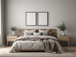 Minimalist Bedroom Interior with Wooden Bed and Nightstands