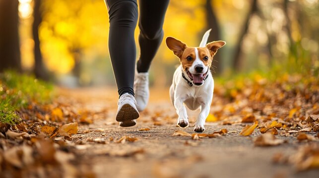 A person taking their dog for a run in the park, with both looking energetic and the person showing dedication to their petâ€™s exercise