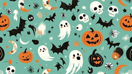 Fototapeta premium A festive Halloween-themed pattern featuring ghosts, pumpkins, bats, and skulls.