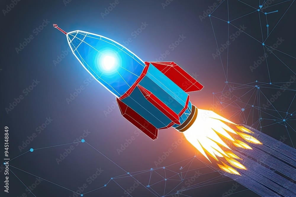 Aufkleber blue glowing light bulb rocket launch with wireframe connection structure in low poly style and abst