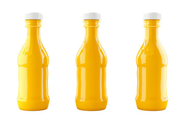 Mustard in clear plastic bottle isolated on white transparent background