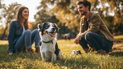 A couple attending a pet training class with their dog, with the dog learning new commands and the couple showing commitment