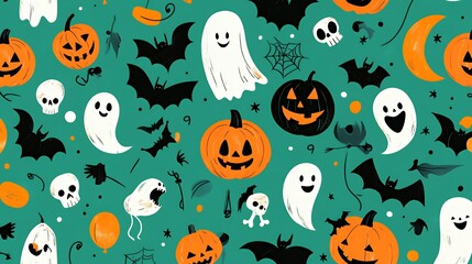 A playful Halloween-themed pattern featuring ghosts, pumpkins, bats, and skulls.