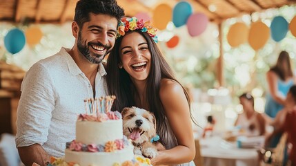 A couple celebrating their petâ€™s milestone birthday, with a party setup including a special cake and decorations