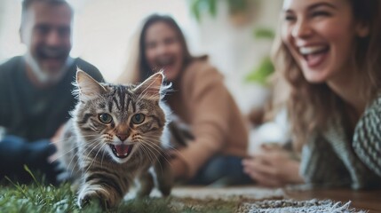 A family playing with their pet cat using a laser pointer, with the cat actively chasing and everyone laughing