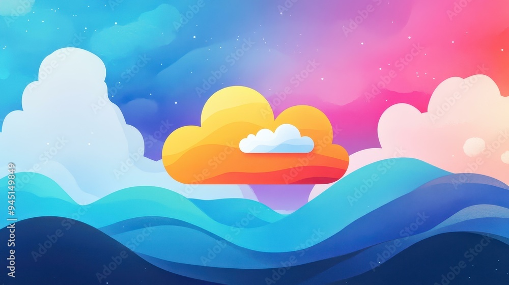 Poster explore the realm of digital data processing with vibrant, cartoonstyle visuals that highlight cloud