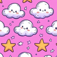 A whimsical pastel pattern featuring cute pink and purple stars and clouds, outlined delicately for a kawaii touch.