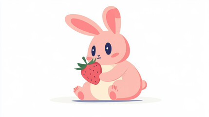 Fototapeta premium Adorable baby rabbit munches on a fresh strawberry in this charming illustration, perfect for kids decor.