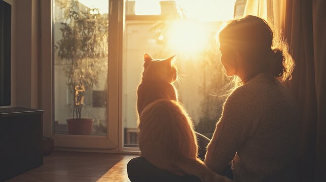 A person sitting with their pet cat in a sunlit room, with both looking content and the cat purring