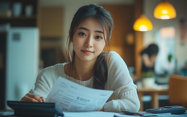 Young Asian woman working on personal budget, using calculator to manage debt and expenses, home environment with bills