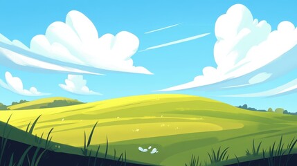 Obraz premium A vibrant flat grassland basking under the sun, animated with clouds and gentle winds creating a serene scene.