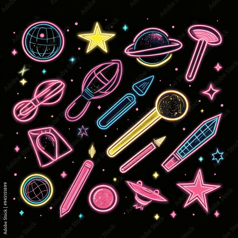 Sticker Vibrant pastel neon tubes twist and turn, adorned with whimsical stars and a UFO, all set against a striking black backdrop.