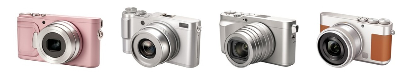 Compact digital cameras in various colors isolated on white background