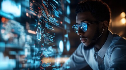 A programmer working on data science, with code, data visualizations, and statistical analysis tools visible on the screen