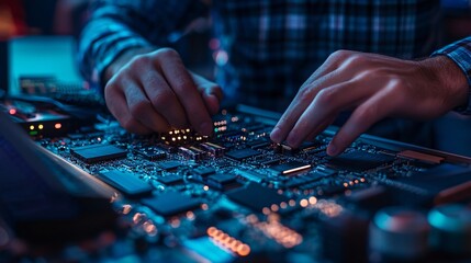 A software engineer working on embedded systems, with hardware components and code editor visible on the desk