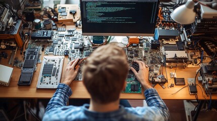 A software engineer working on embedded systems, with hardware components and code editor visible on the desk