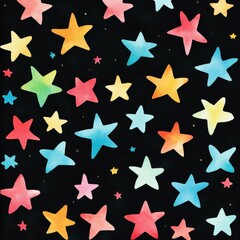 Fototapeta premium A whimsical watercolor illustration of colorful stars dancing in a vast black space, perfect for a childrens story.