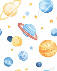 Adorable watercolor pattern featuring whimsical stars and planets in soft pastel colors, perfect for dreamy designs.