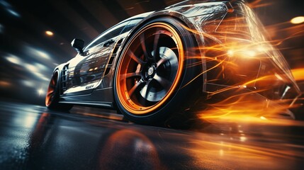 Black and orange sports car with glowing wheels, close-up of the back wheel on an abstract background. Generative ai