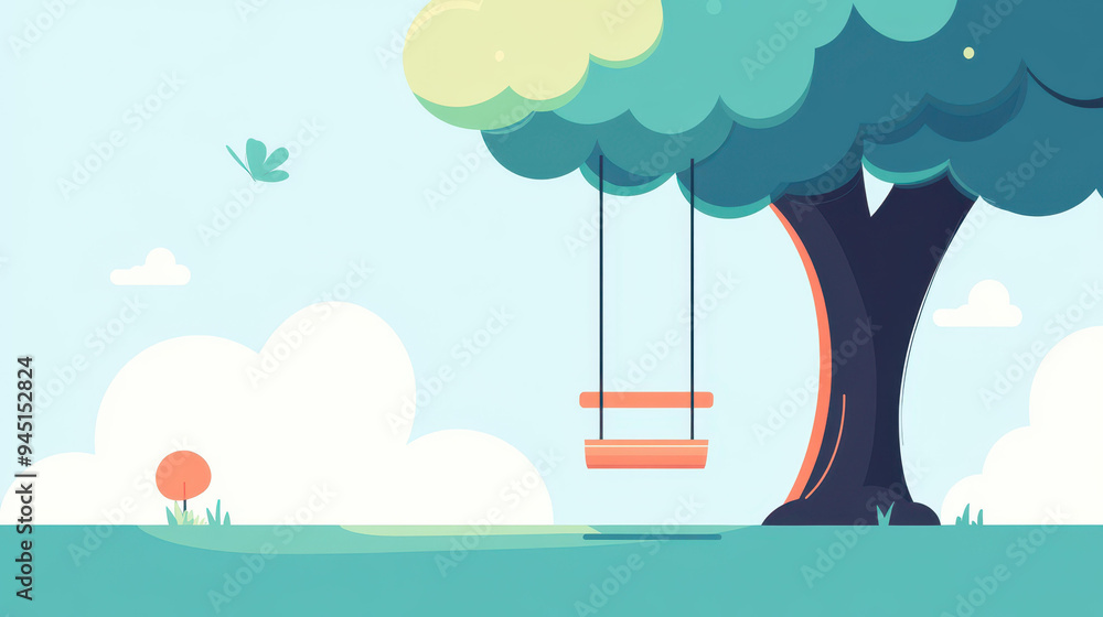 Canvas Prints A minimalist vector of a lone swing hanging from a tree, evoking a light and airy vibe in a serene setting.