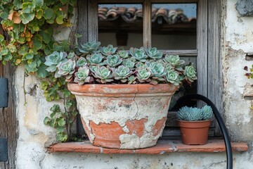 A terracotta pot with succulents sits on a windowsill of an old stone building.