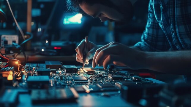 A software engineer developing software for embedded systems, with hardware components and code visible on the desk