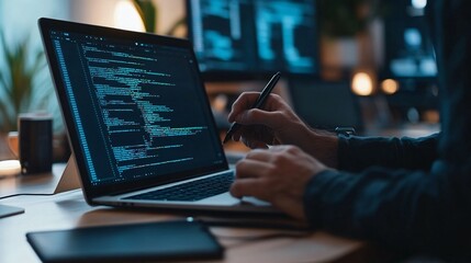 A software developer in a creative workspace, with a tablet for sketching code designs and a laptop displaying complex programming tasks