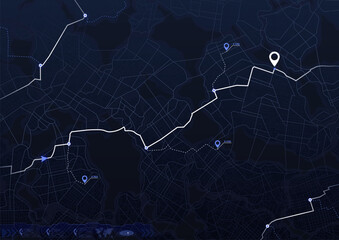 Digital map with road network. Highlights routes with line and several blue location markers with POI and specific destinations. The background is grid of streets and areas,