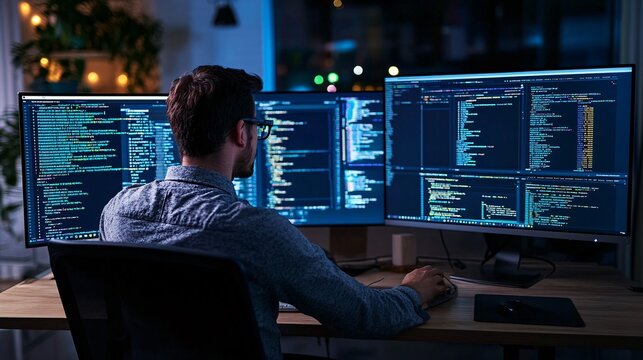 A software engineer working on cloud-based applications, with cloud infrastructure tools and code editor open on multiple monitors