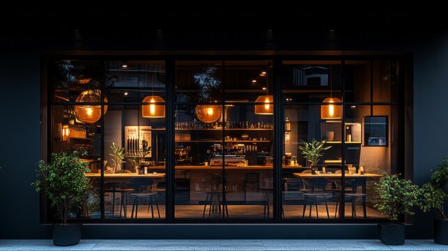 A restaurant with a dark interior and a large window