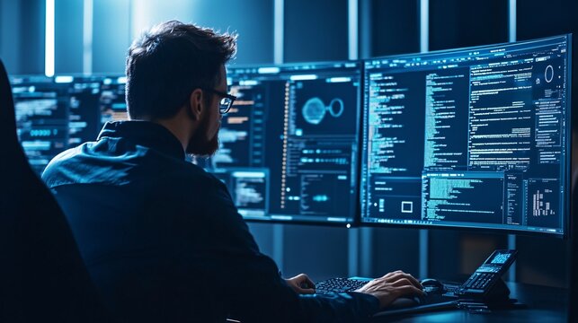 A software developer working on a high-tech setup, with multiple monitors displaying code, application interfaces, and project management tools
