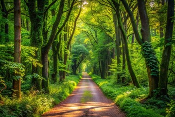 Obraz premium A winding path meanders through the forest, supported by lush greenery, surrounded by the vibrant hues of blooming trees and the soothing sounds of nature.