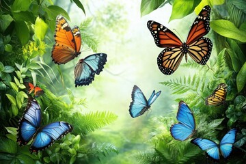 A vibrant scene with colorful butterflies fluttering amidst lush green foliage, showcasing the beauty of nature's diversity.