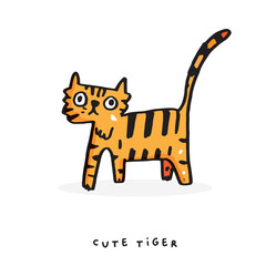Hand drawing doodle cute tiger,  tiger vector illustration for t-shirt ,card, poster design for kids. Vector illustration design for fashion fabrics, textile graphics, prints, cute animal 