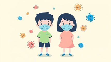 Cartoon-style illustration of two children wearing masks, surrounded by colorful virus characters, emphasizing health protection and disease prevention.