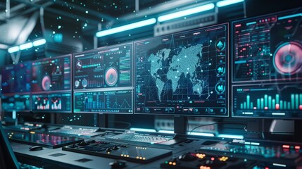 An advanced AI system analyzing data on multiple screens, providing insights and predictions.