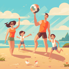 Happy Family Playing Soccer on Beach Summer Vacation