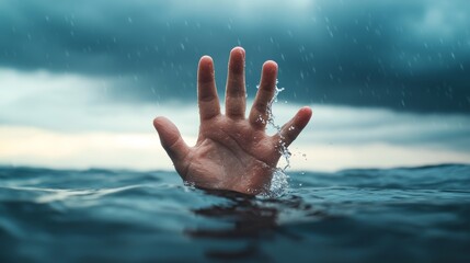 A giant human hand emerging from the ocean, made entirely of water