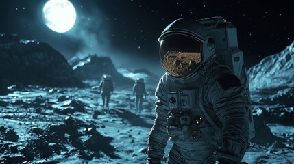 Nighttime lunar exploration, astronauts navigating rugged terrain, moonlight glinting off their helmets
