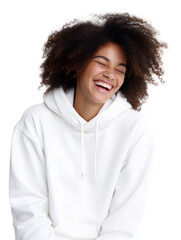 Fototapeta premium PNG Woman in white sweaater laughing sweatshirt sweater.