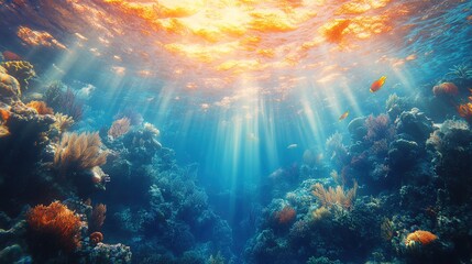 Fototapeta premium Abstract Wallpaper Capturing the Mysterious Atmosphere of the Ocean's Depths with Ethereal Rays of Light Piercing Through the Dark Waters. Perfect for Creating a Serene and Enigmatic Ambiance in Any S