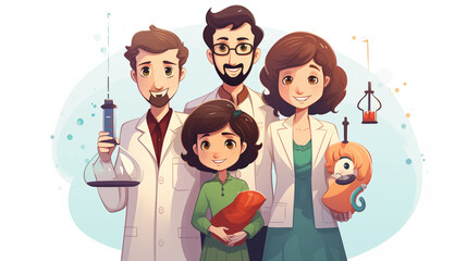 Happy Family of Scientists with Lab Equipment