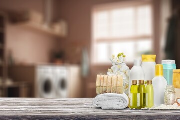 bathroom interior with cosmetics or product on the desk