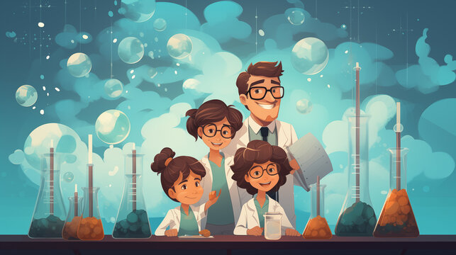 Science Experiment Kids and Teacher in Lab with Beaker and Bubbles
