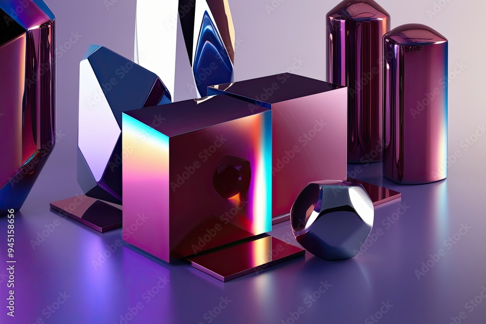 Poster high definition 3d rendering of glossy abstract geometric shapes with color dispersion effects