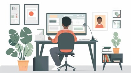 An engaging online learning setup with a student attending a virtual class from a home office