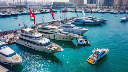 An exciting view of Dubai's annual International Boat Show. The scene includes luxury yachts, marine equipment displays