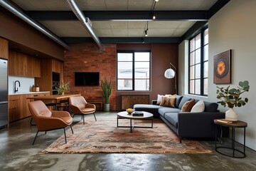 Fototapeta premium Chic Industrial Escape Featuring Earthy Colors and Concrete Floors
