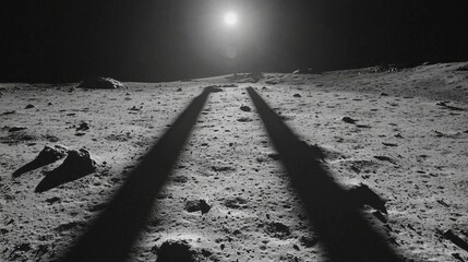 Shadows stretching across the lunar surface, creating a mysterious and eerie vibe
