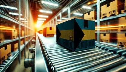 Fototapeta premium A package with the Bahamas flag design moves along a conveyor belt in a brightly lit warehouse, symbolizing logistics, shipping, and e-commerce operations